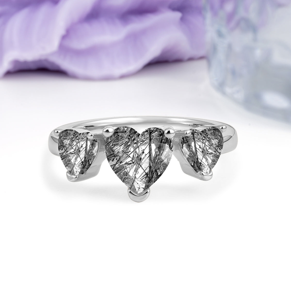 Unique 3 Prong Heart Cut Black Rutilated Quartz Three stones Wedding Ring - Additional view
