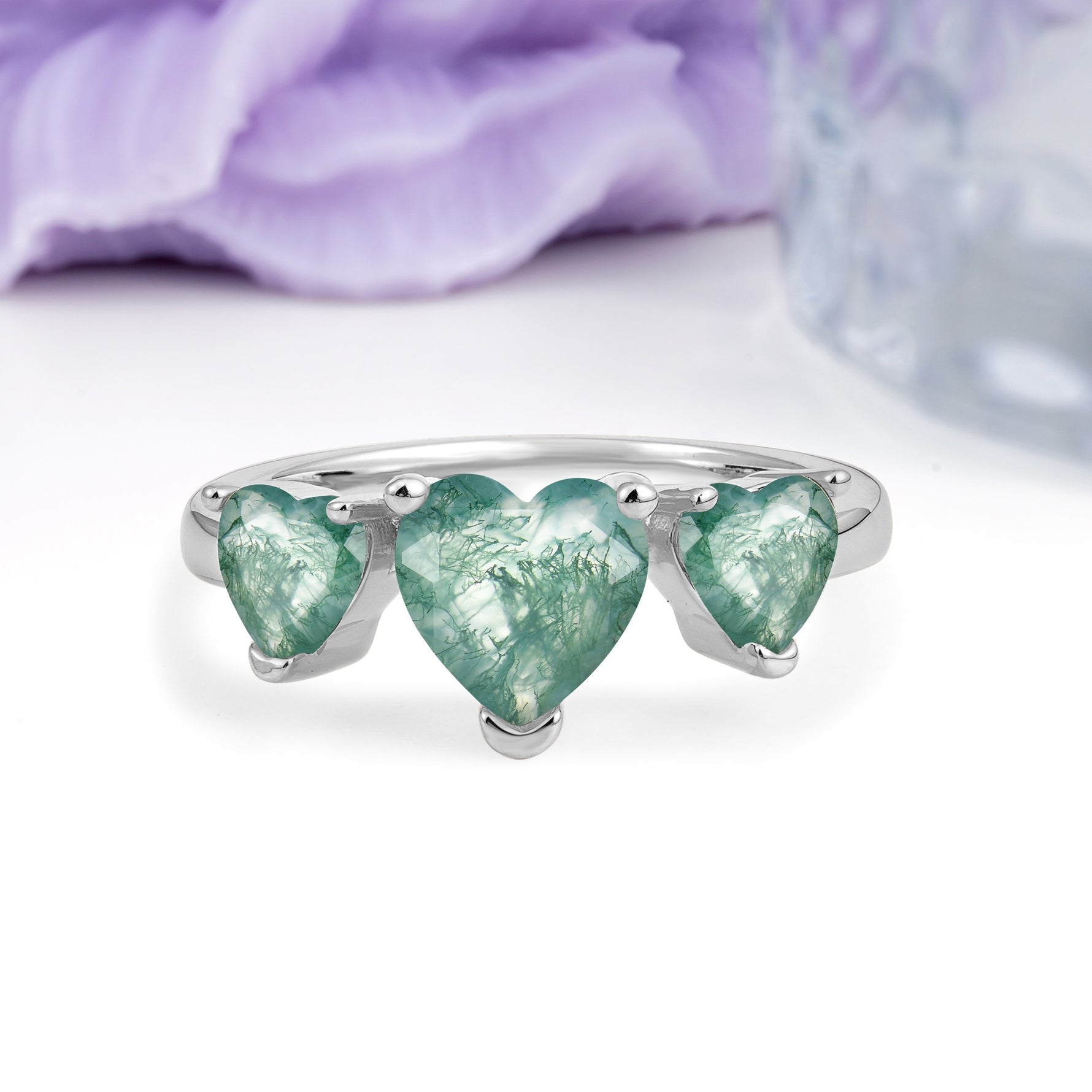 Unique 3 Prong Heart Cut Moss Agate Three stones Wedding Ring - Additional view