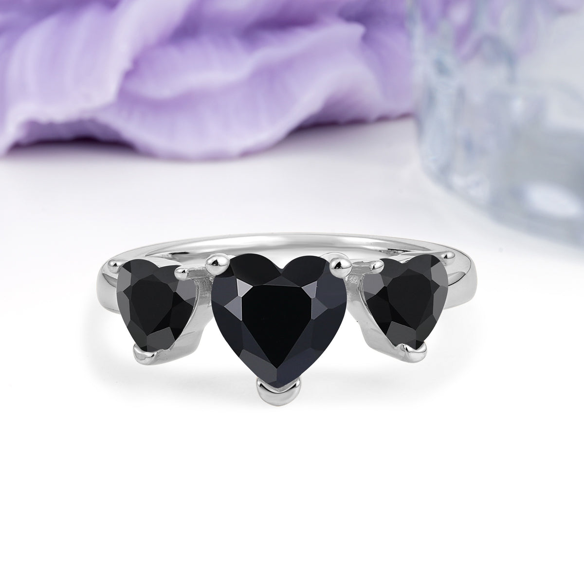 Unique 3 Prong Heart Cut Black Onyx Three stones Wedding Ring - Additional view