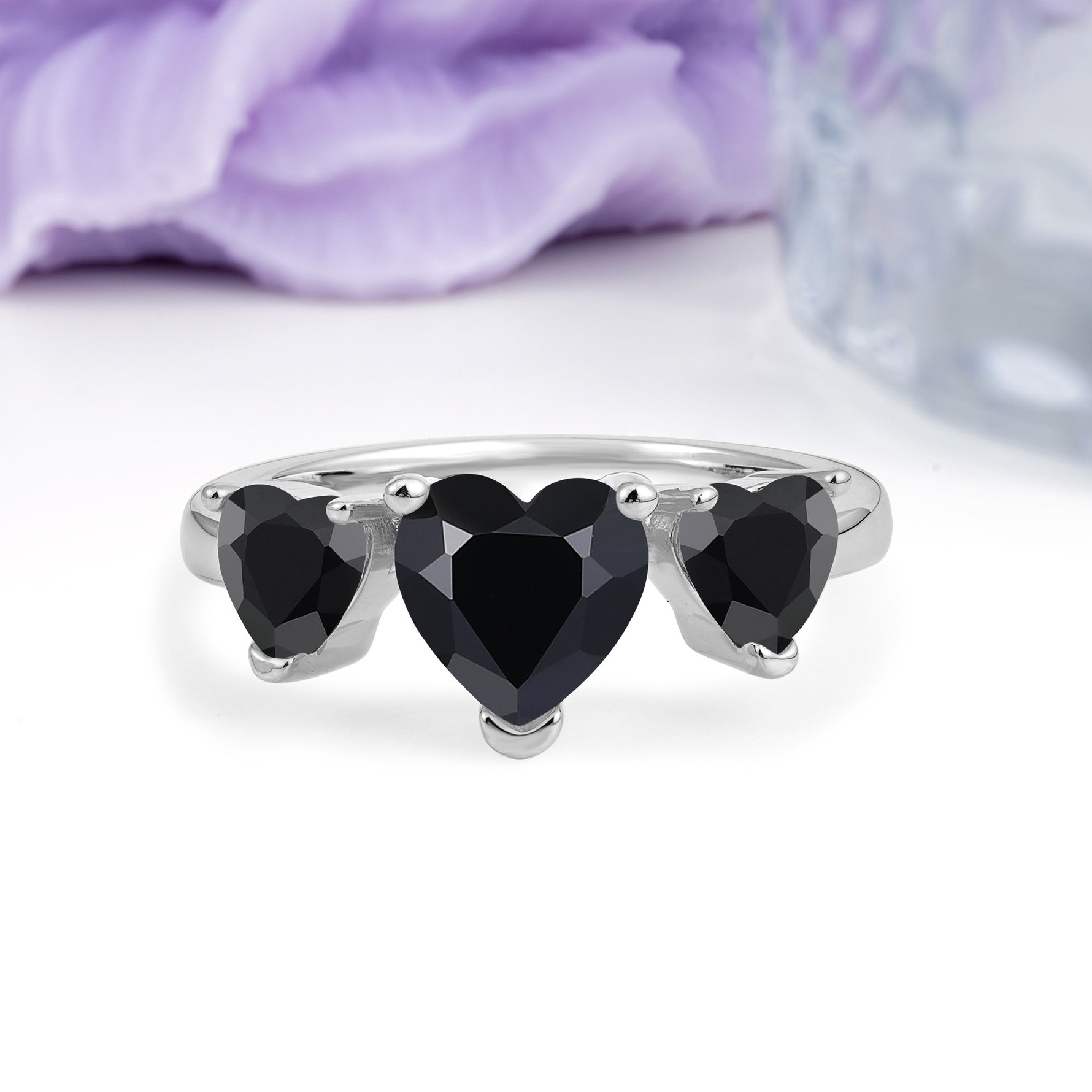 Unique 3 Prong Heart Cut Black Onyx Three stones Wedding Ring - Additional view