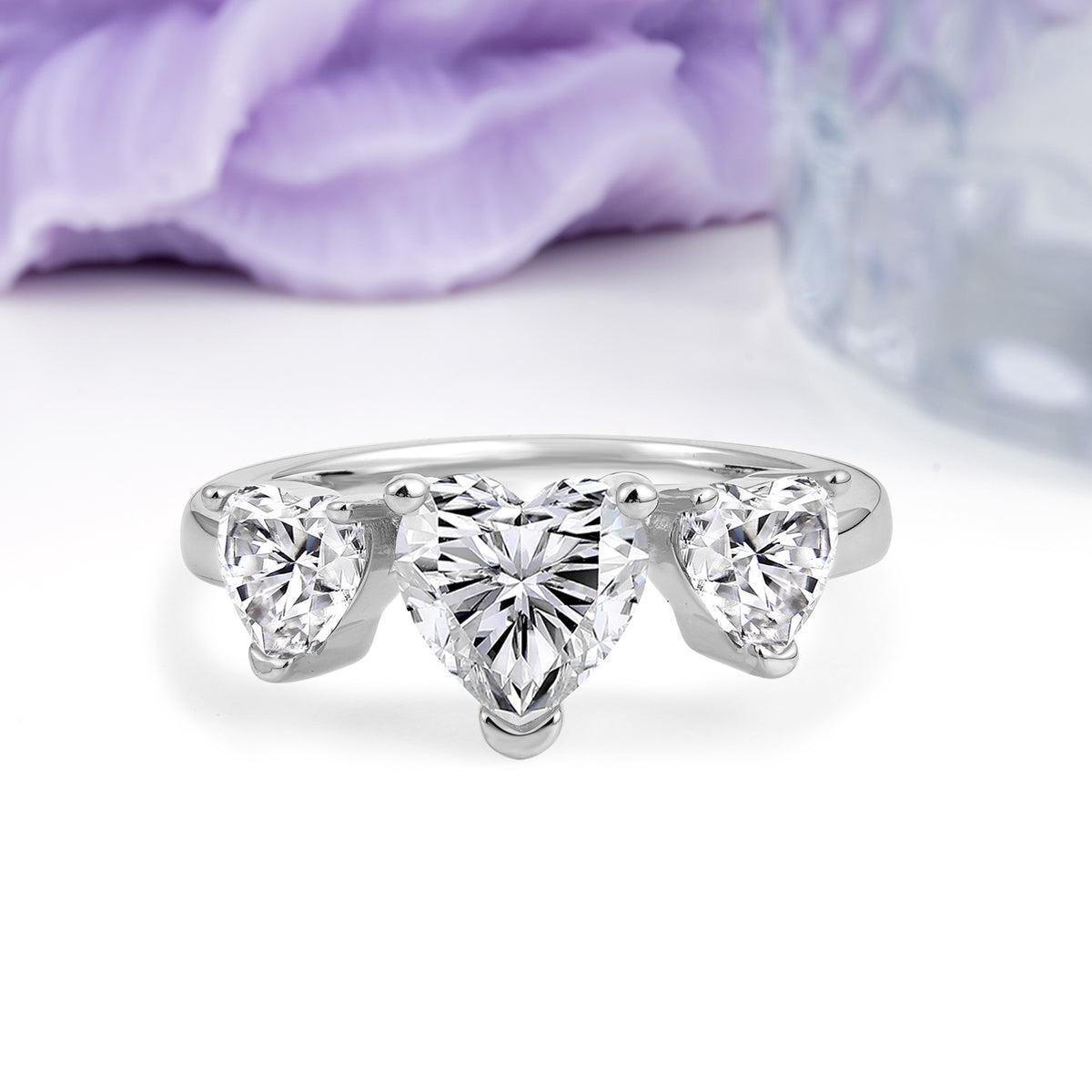 Unique 3 Prong Heart Cut Lab Diamond Three stones Wedding Ring - Additional view