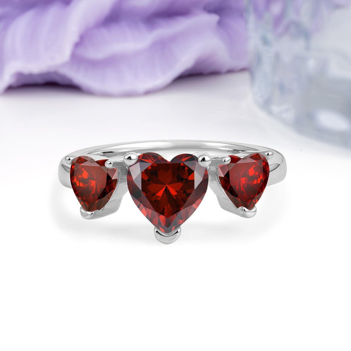 Unique 3 Prong Heart Cut Garnet Three stones Wedding Ring - Additional view