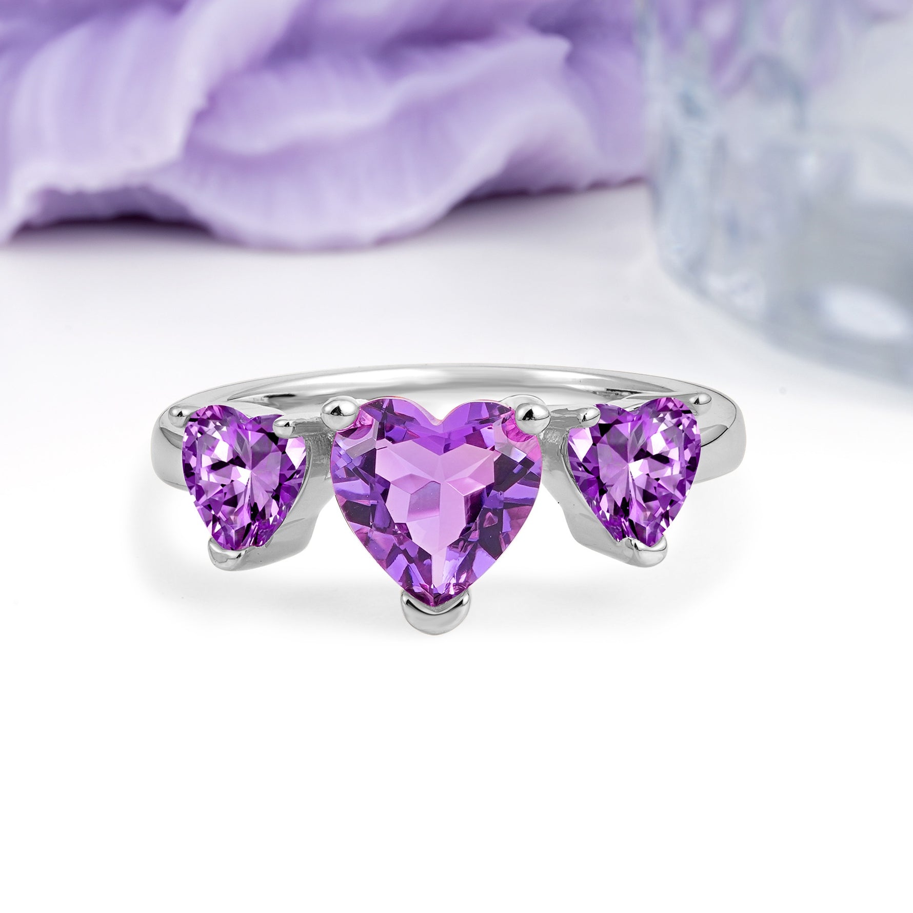 Unique 3 Prong Heart Cut Amethyst Three stones Wedding Ring - Additional view