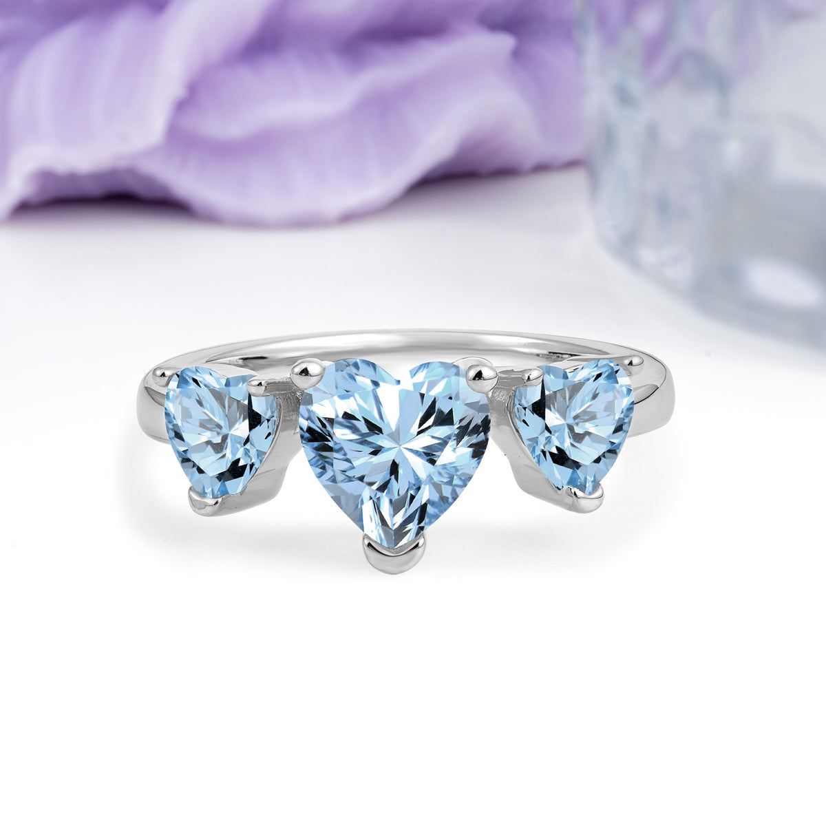 Unique 3 Prong Heart Cut Aquamarine Three stones Wedding Ring - Additional view