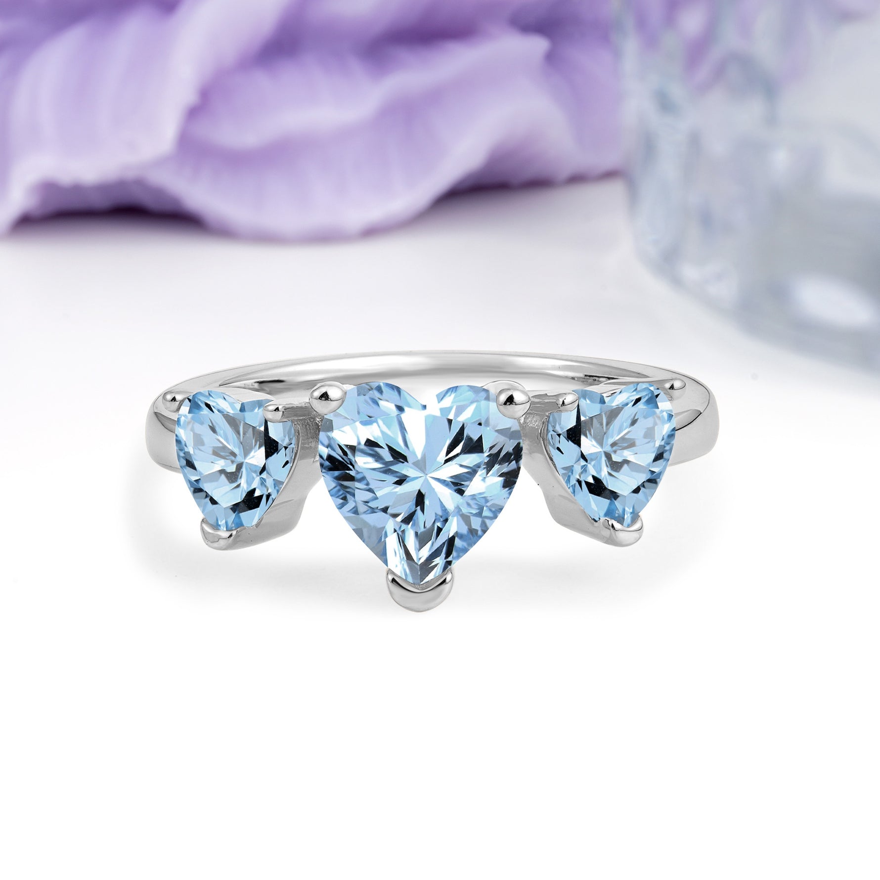 Unique 3 Prong Heart Cut Aquamarine Three stones Wedding Ring - Additional view