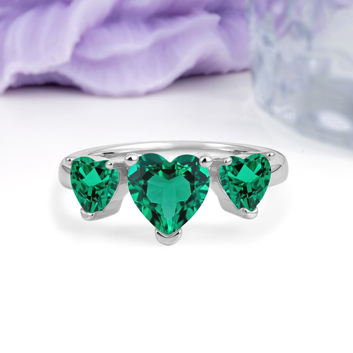 Unique 3 Prong Heart Cut Emerald Three stones Wedding Ring - Additional view