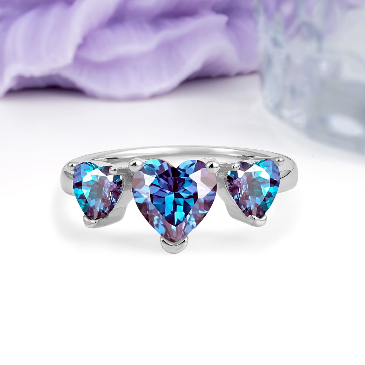 Unique 3 Prong Heart Cut Alexandrite Three stones Wedding Ring - Additional view