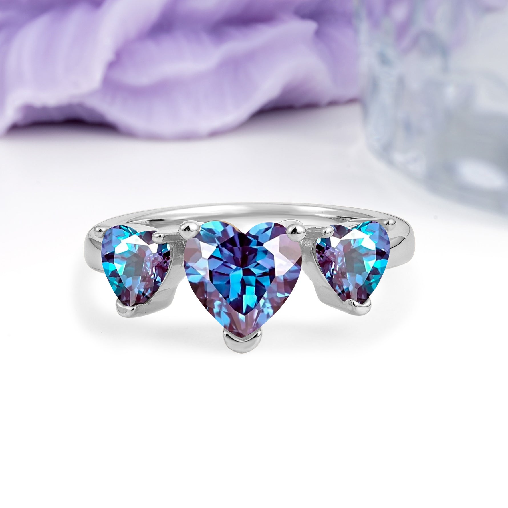 Unique 3 Prong Heart Cut Alexandrite Three stones Wedding Ring - Additional view
