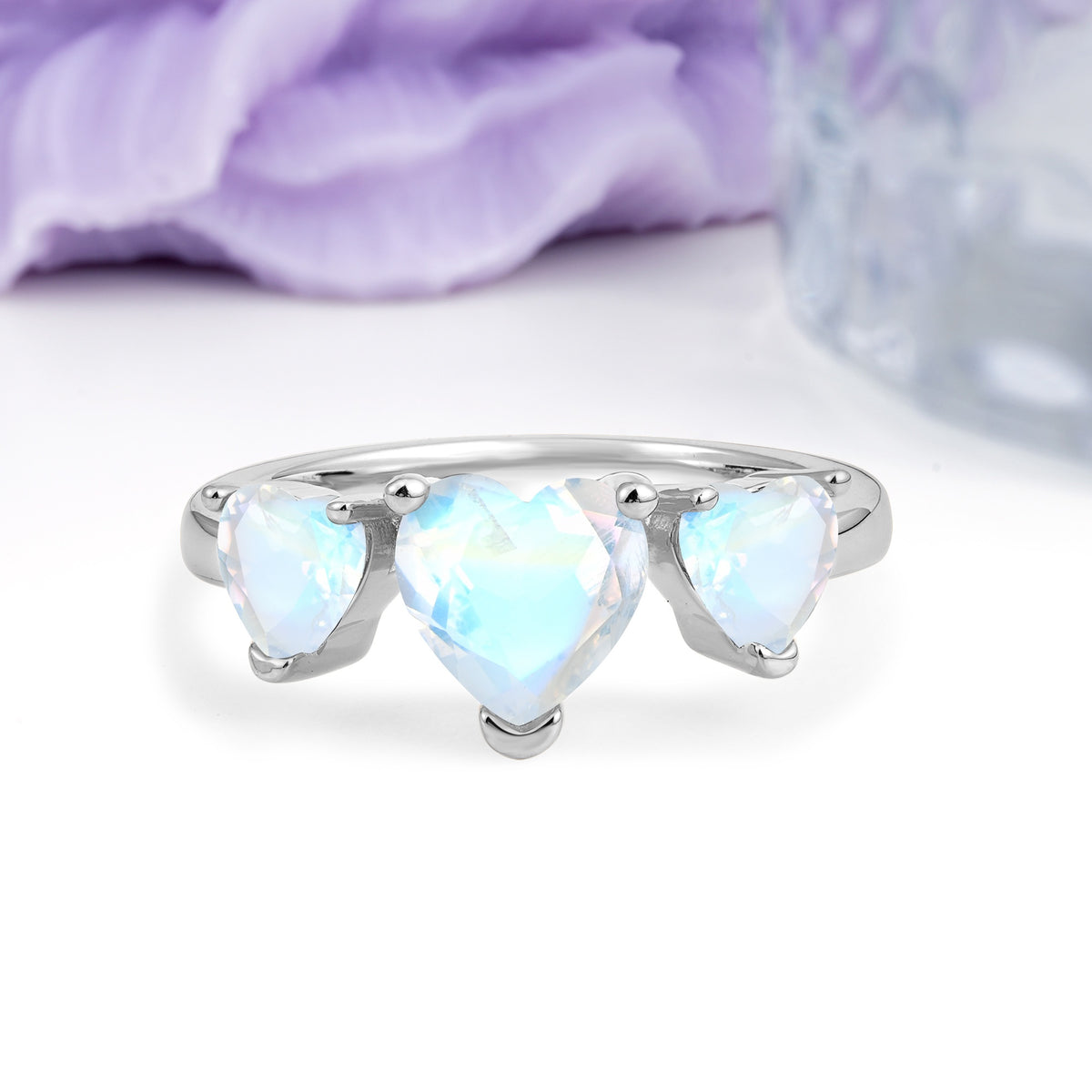Unique 3 Prong Heart Cut Moonstone Three stones Wedding Ring - Additional view