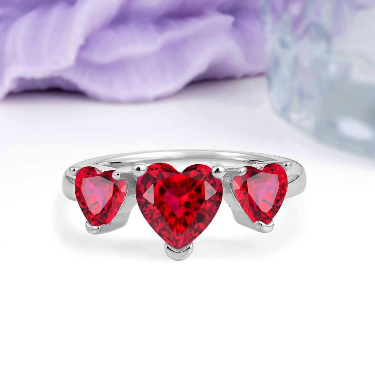 Unique 3 Prong Heart Cut Ruby Three stones Wedding Ring - Additional view