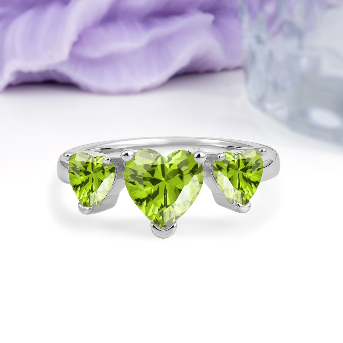 Unique 3 Prong Heart Cut Peridot Three stones Wedding Ring - Additional view