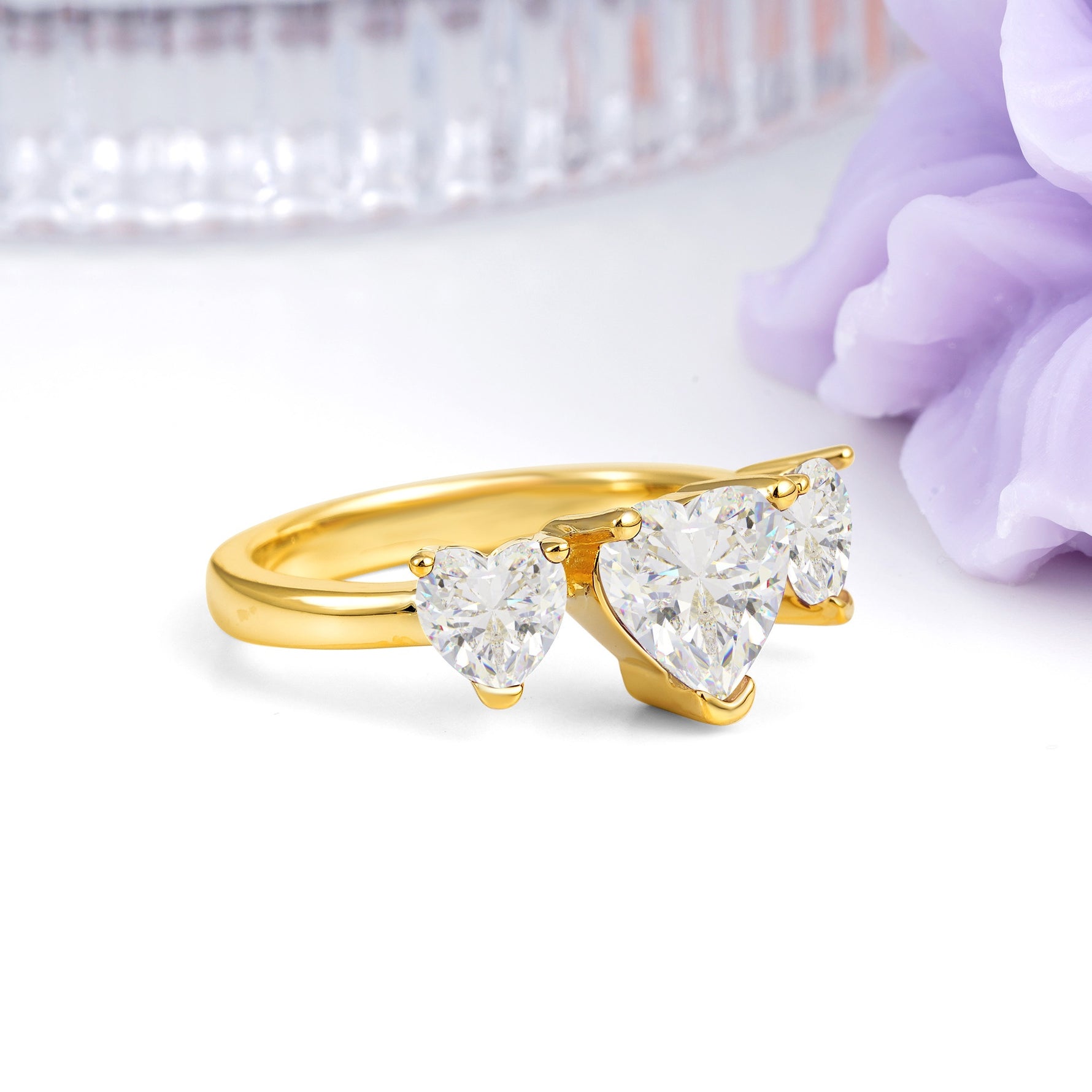 Unique 3 Prong Heart Cut Moissanite Three stones Wedding Ring - Additional view