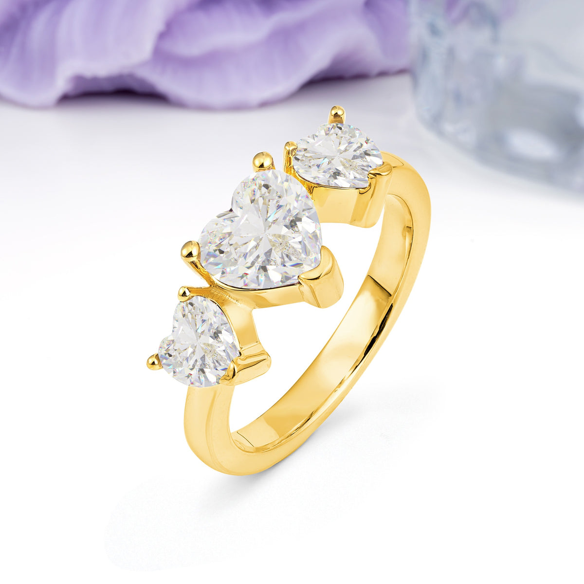 Unique 3 Prong Heart Cut Moissanite Three stones Wedding Ring - Additional view