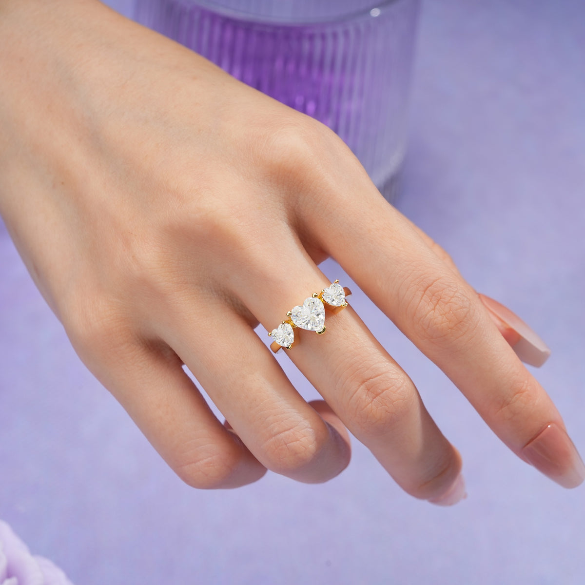 Unique 3 Prong Heart Cut Moissanite Three stones Wedding Ring - Additional view