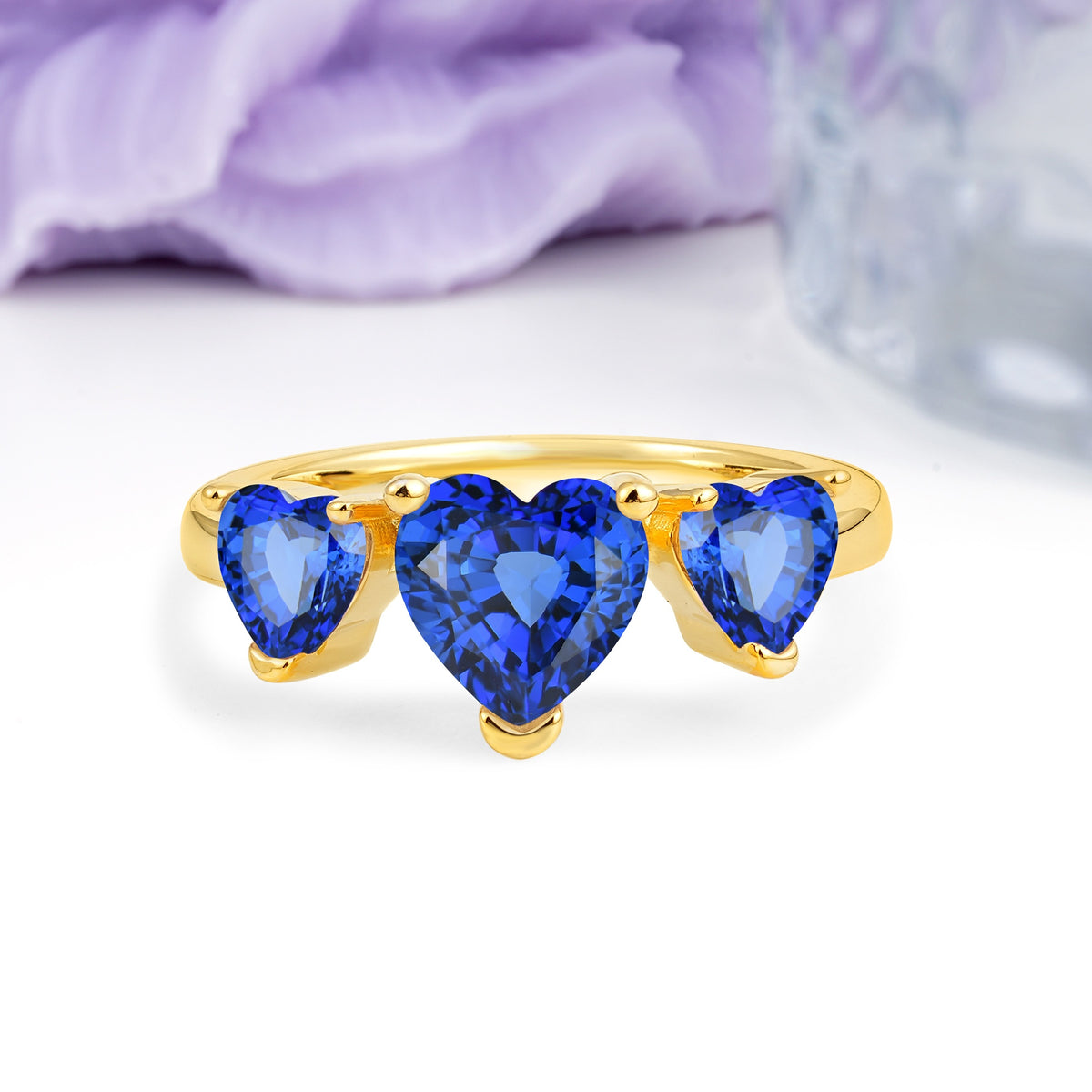 Unique 3 Prong Heart Cut Sapphire Three stones Wedding Ring - Additional view