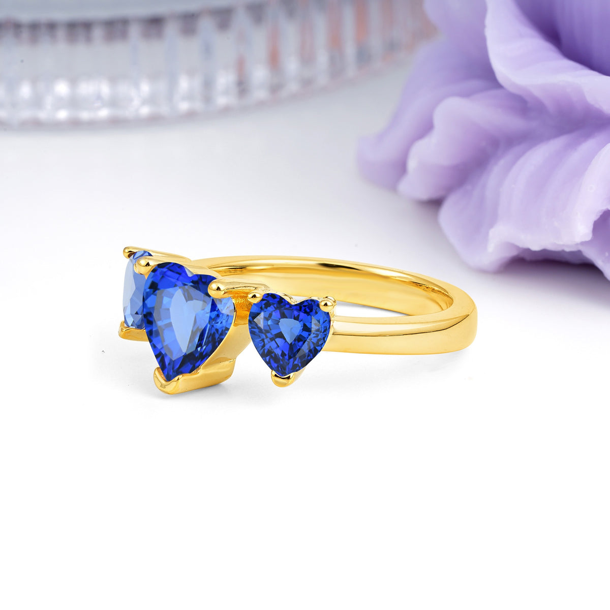 Unique 3 Prong Heart Cut Sapphire Three stones Wedding Ring - Additional view