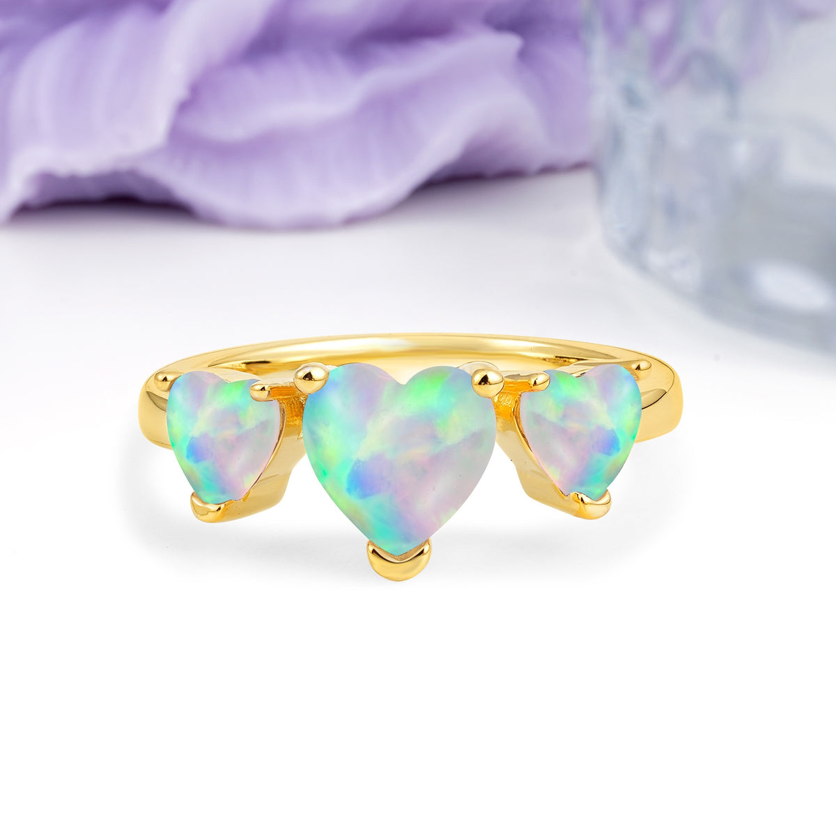 Unique 3 Prong Heart Cut Fire Opal Three stones Wedding Ring - Additional view