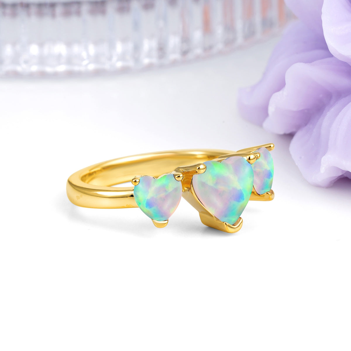 Unique 3 Prong Heart Cut Fire Opal Three stones Wedding Ring - Additional view