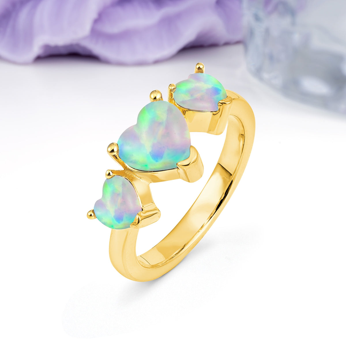 Unique 3 Prong Heart Cut Fire Opal Three stones Wedding Ring - Additional view