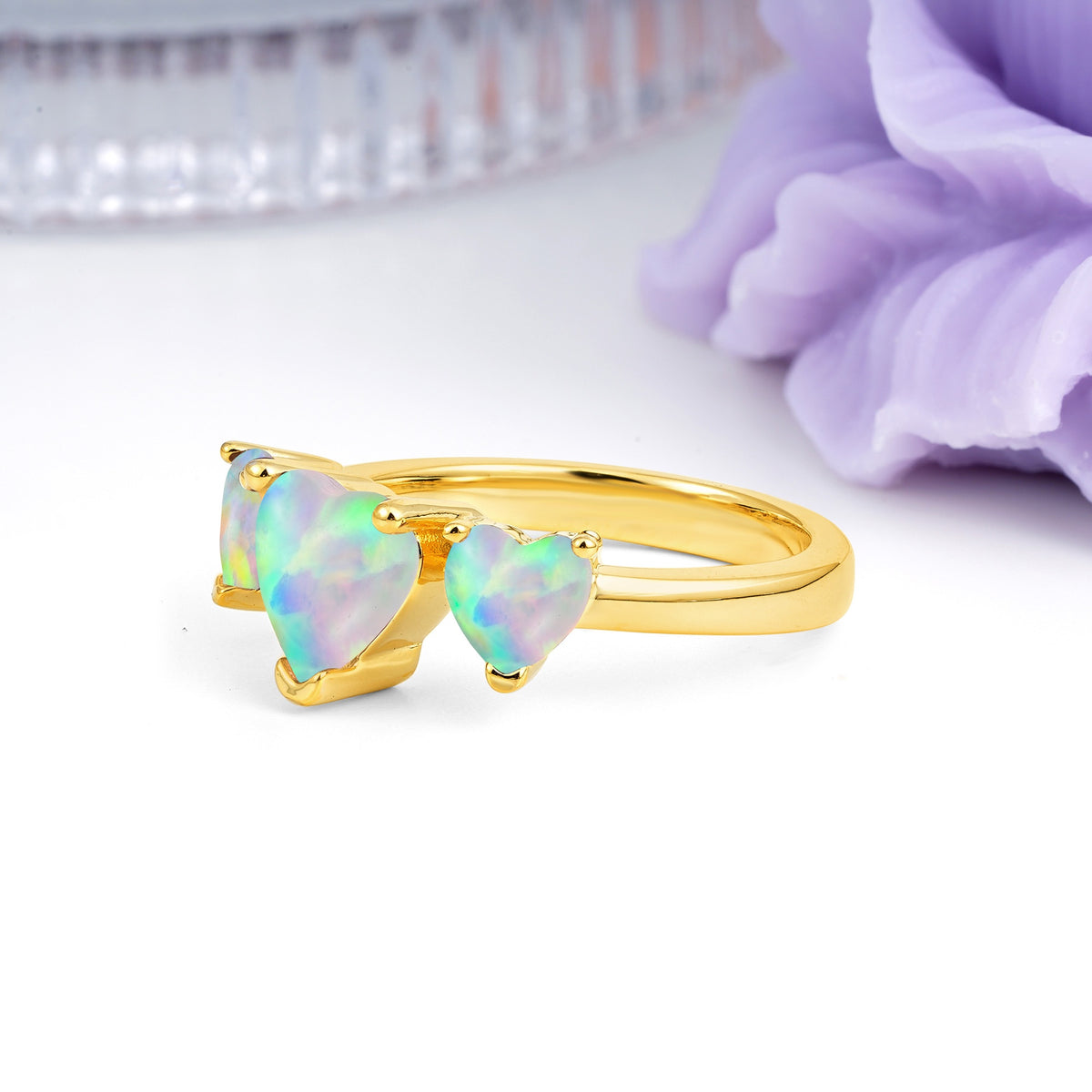 Unique 3 Prong Heart Cut Fire Opal Three stones Wedding Ring - Additional view