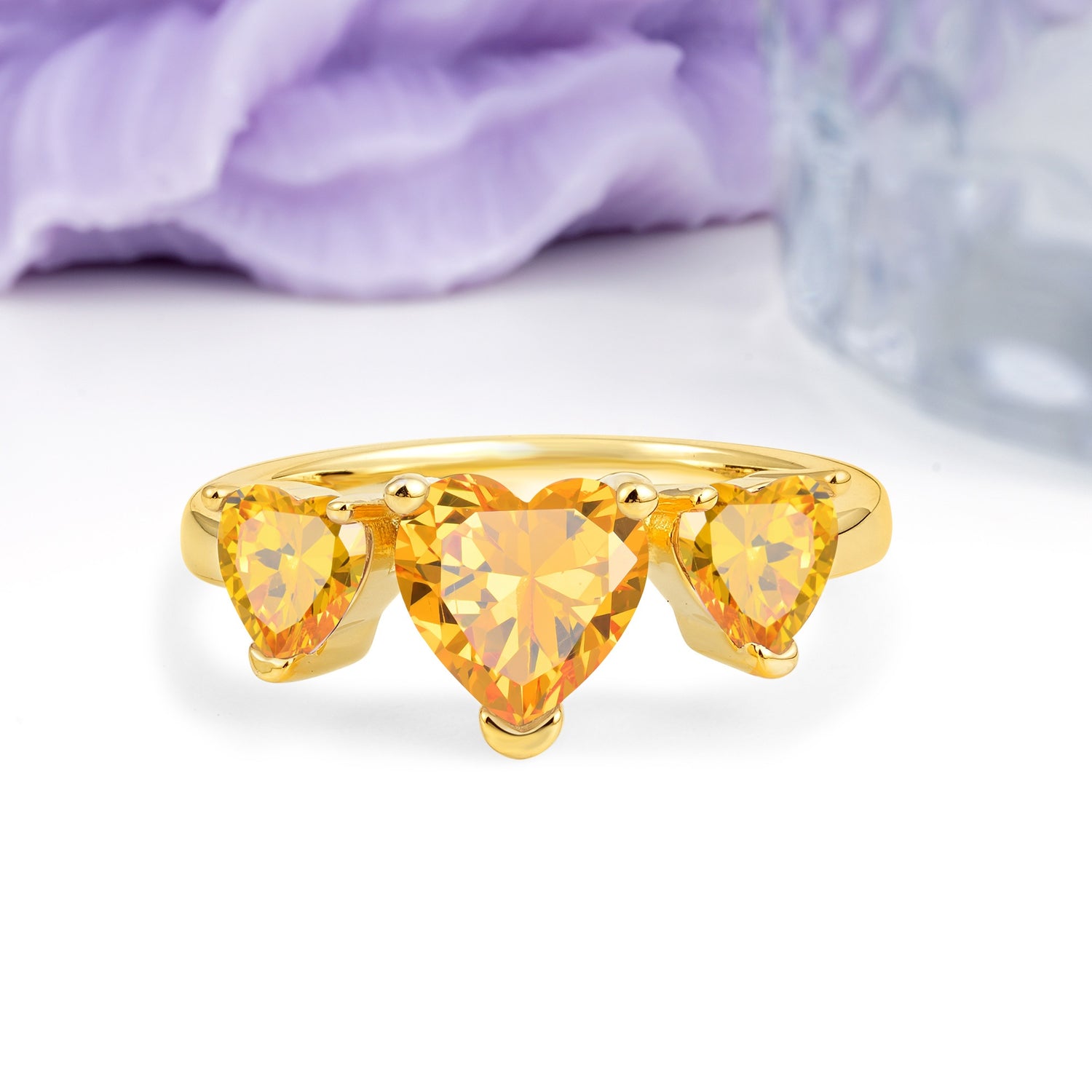 Unique 3 Prong Heart Cut Citrine Three stones Wedding Ring - Additional view
