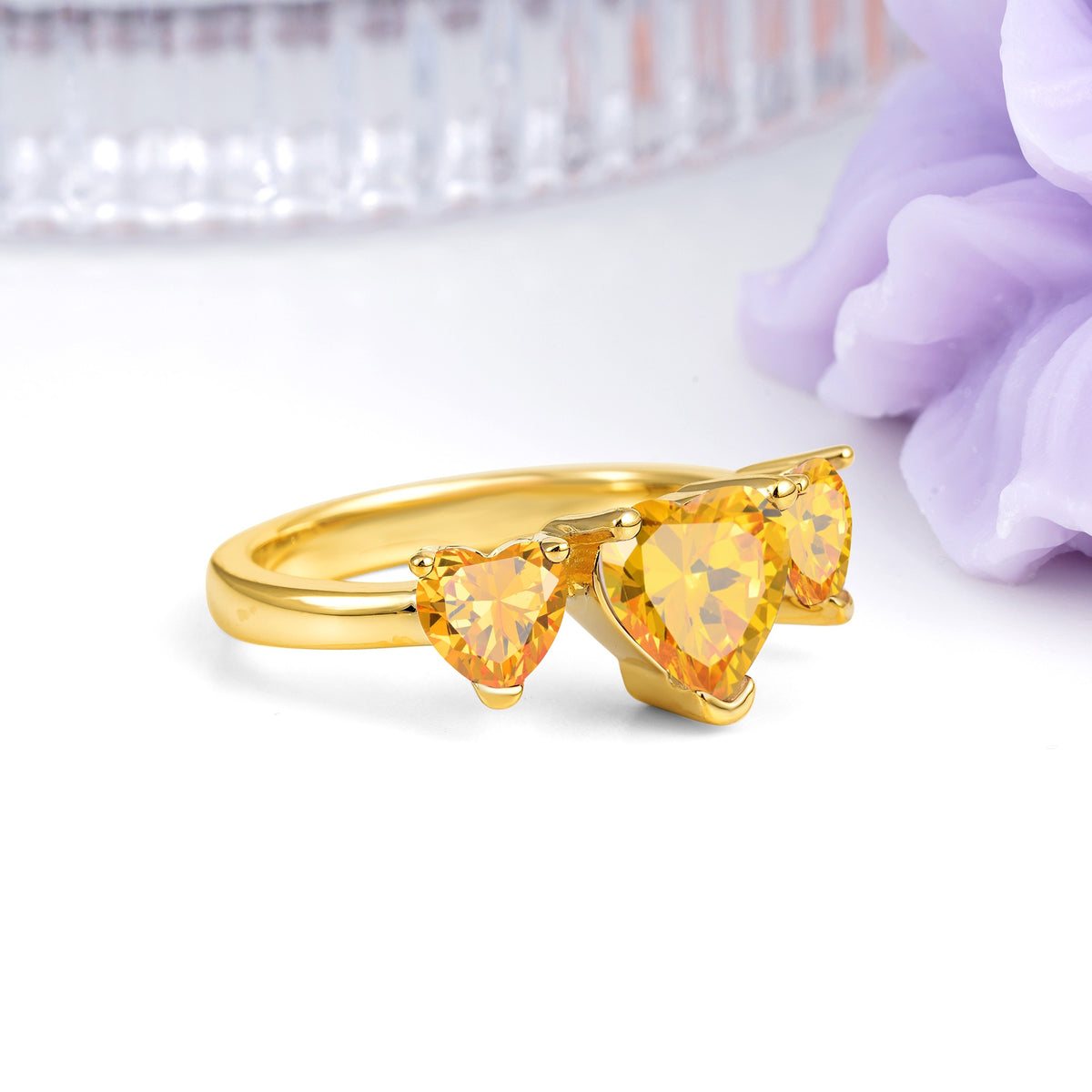 Unique 3 Prong Heart Cut Citrine Three stones Wedding Ring - Additional view