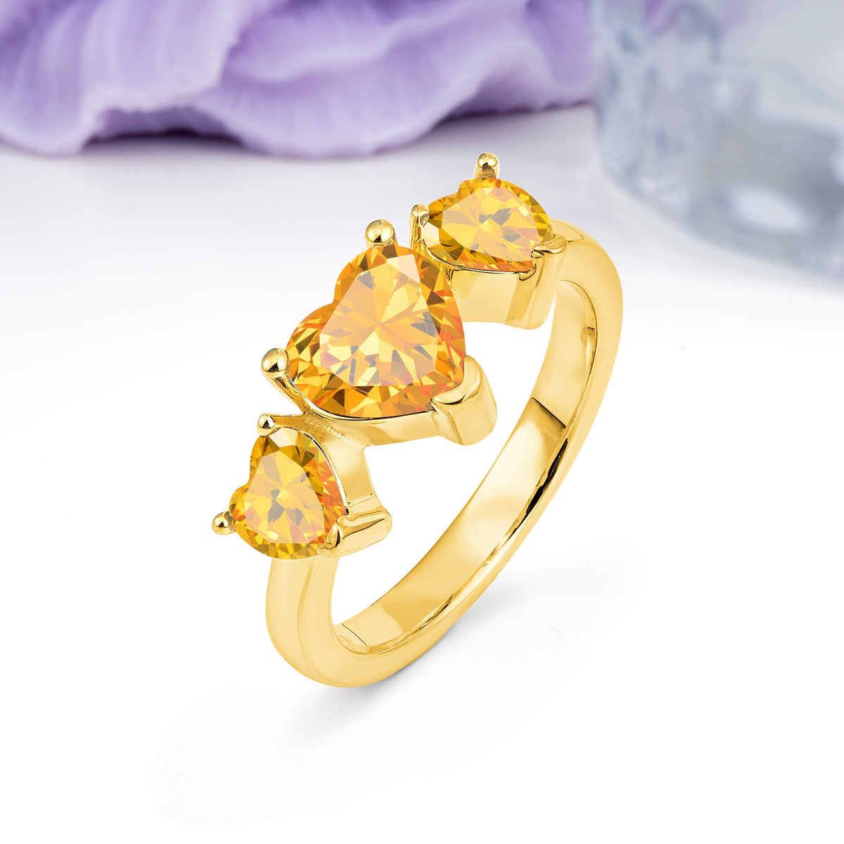 Unique 3 Prong Heart Cut Citrine Three stones Wedding Ring - Additional view