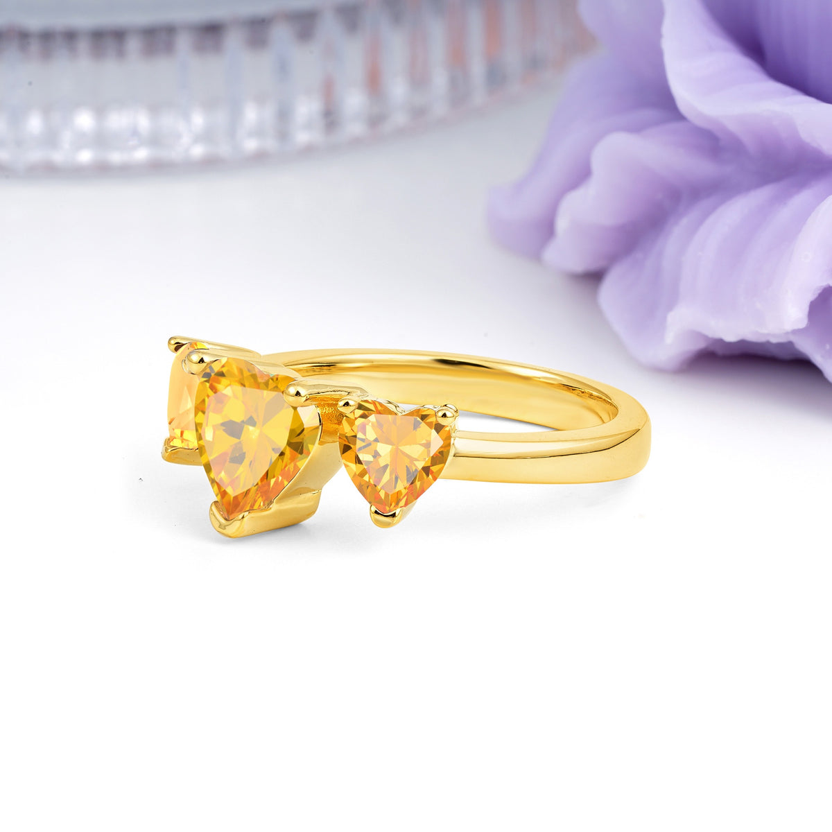 Unique 3 Prong Heart Cut Citrine Three stones Wedding Ring - Additional view