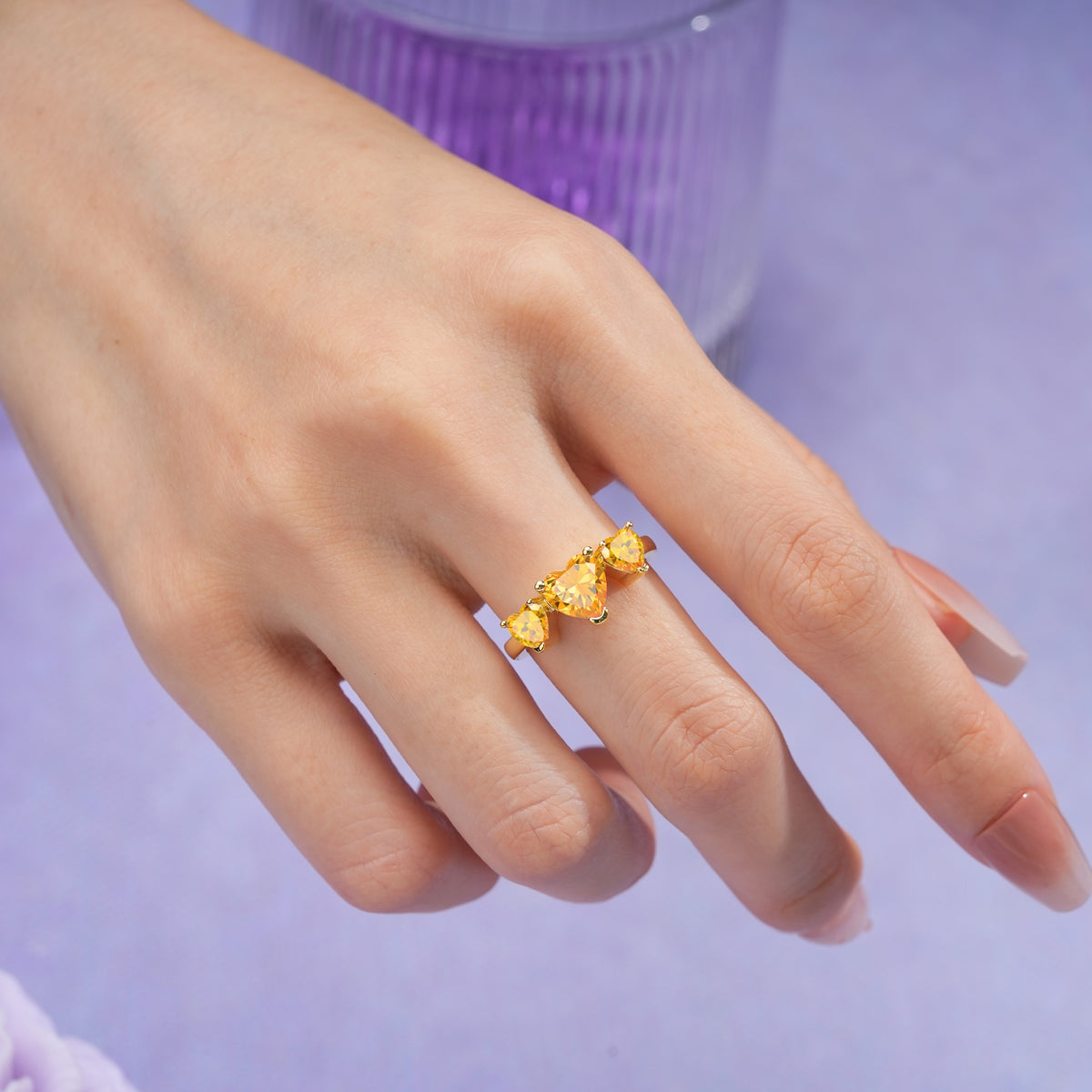 Unique 3 Prong Heart Cut Citrine Three stones Wedding Ring - Additional view