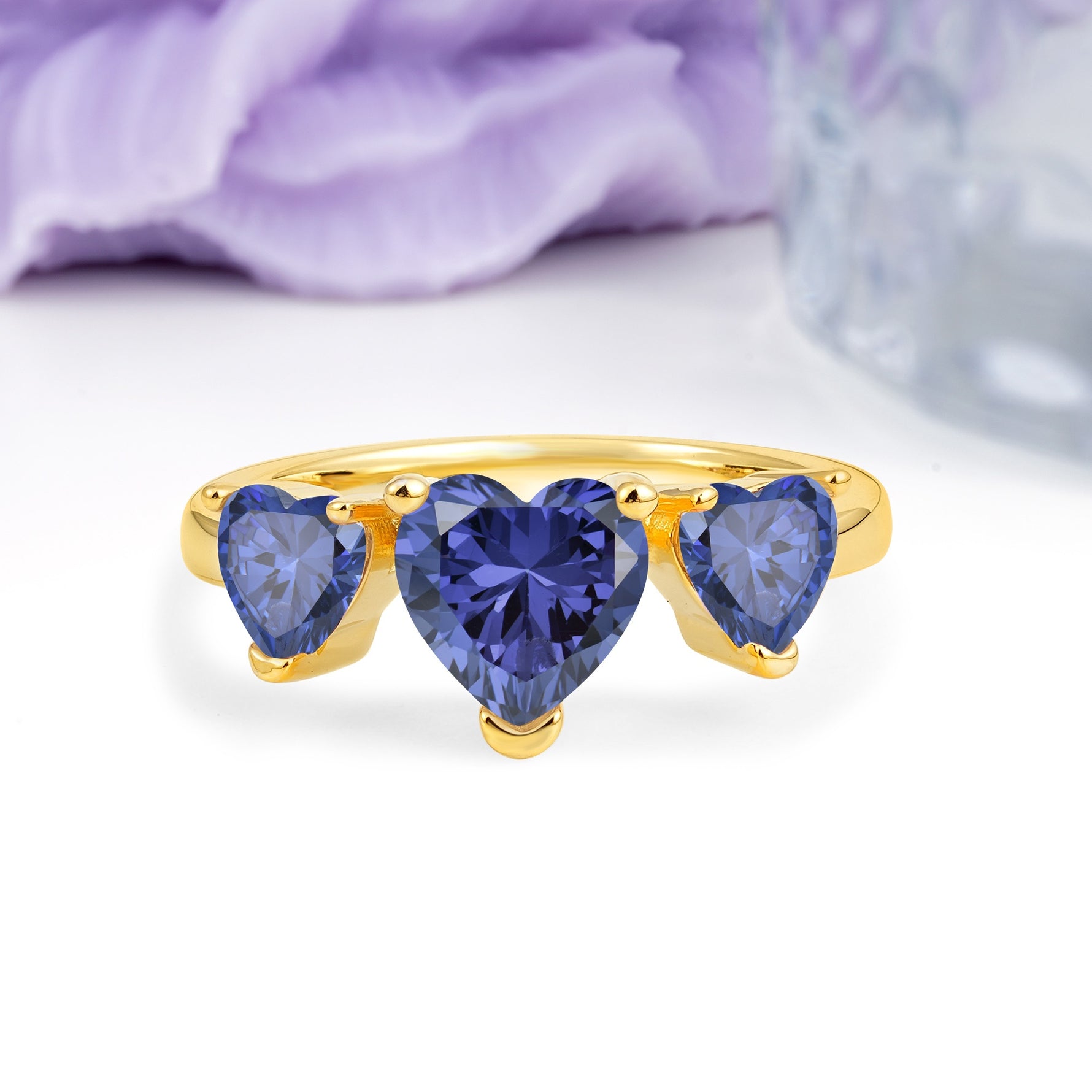 Unique 3 Prong Heart Cut Tanzanite Three stones Wedding Ring - Additional view