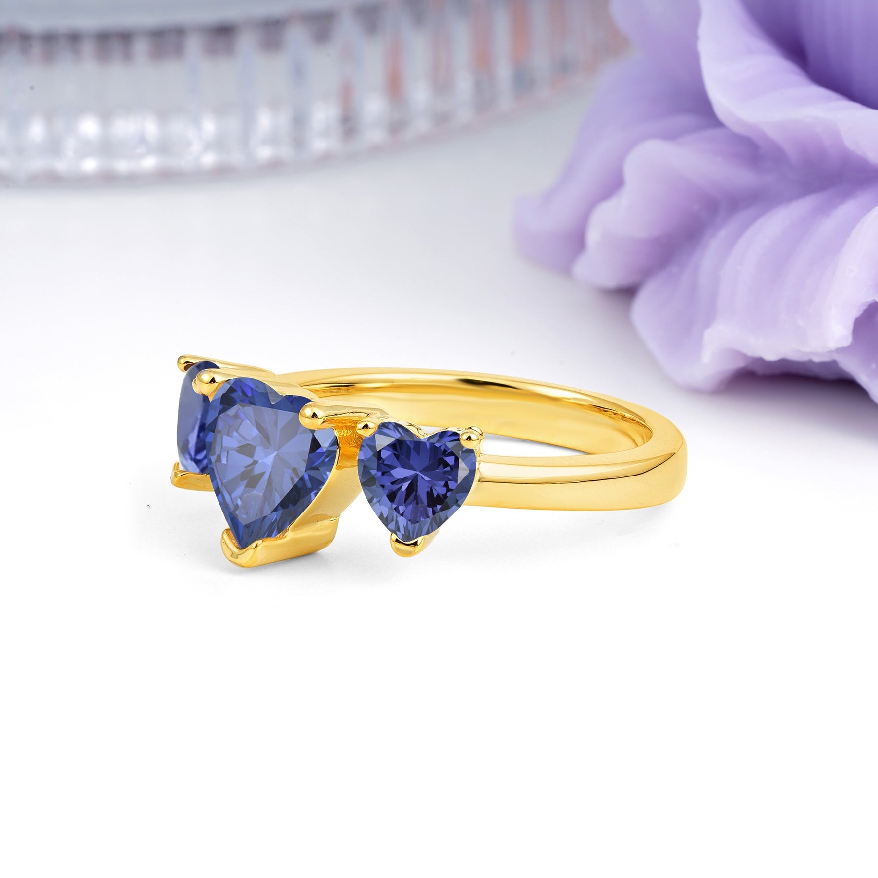 Unique 3 Prong Heart Cut Tanzanite Three stones Wedding Ring - Additional view