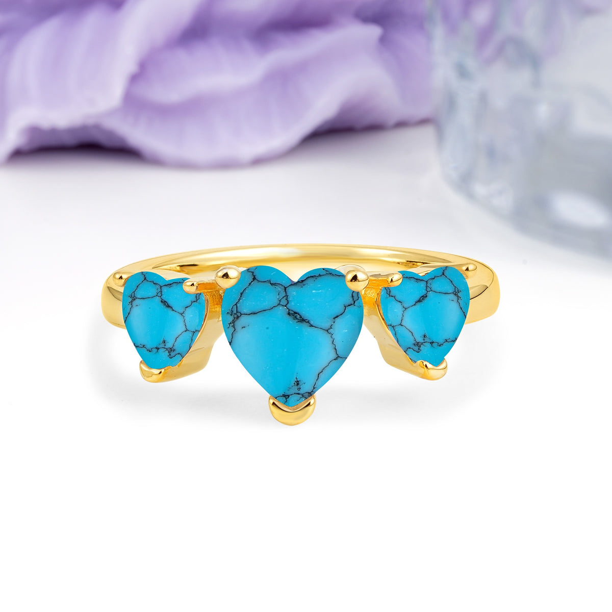 Unique 3 Prong Heart Cut Turquoise Three stones Wedding Ring - Additional view