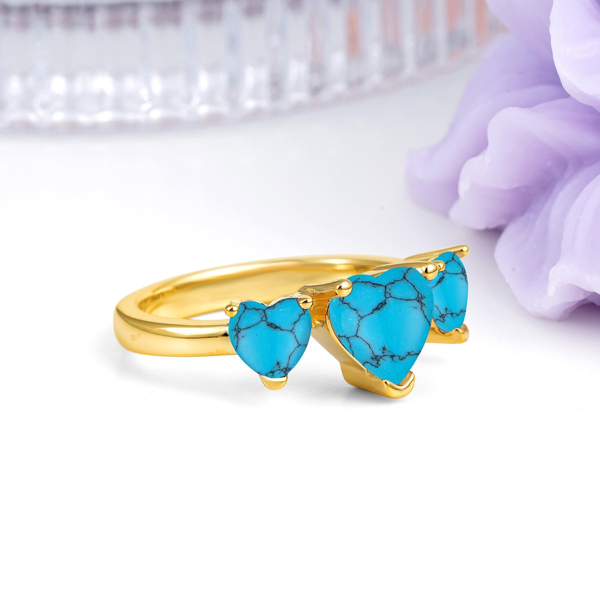 Unique 3 Prong Heart Cut Turquoise Three stones Wedding Ring - Additional view