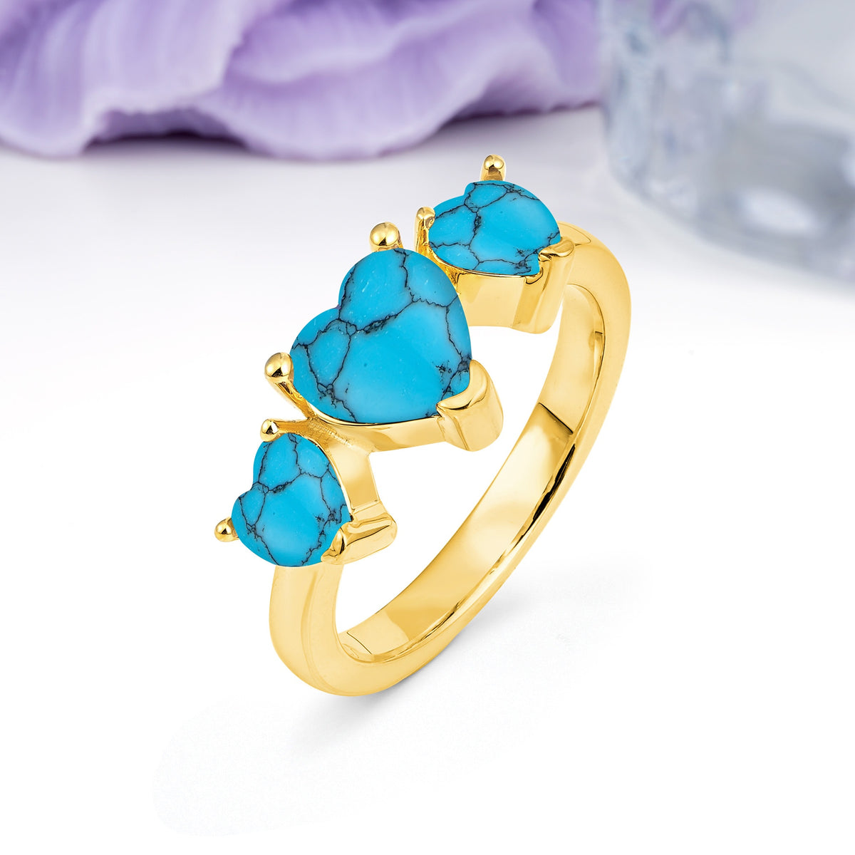 Unique 3 Prong Heart Cut Turquoise Three stones Wedding Ring - Additional view
