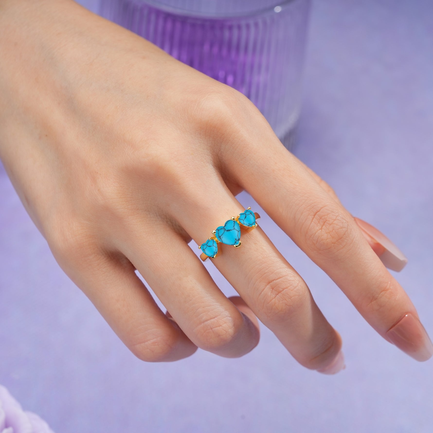 Unique 3 Prong Heart Cut Turquoise Three stones Wedding Ring - Additional view