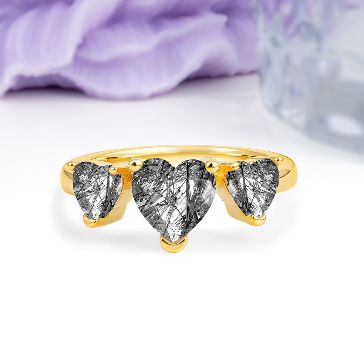 Unique 3 Prong Heart Cut Black Rutilated Quartz Three stones Wedding Ring - Additional view