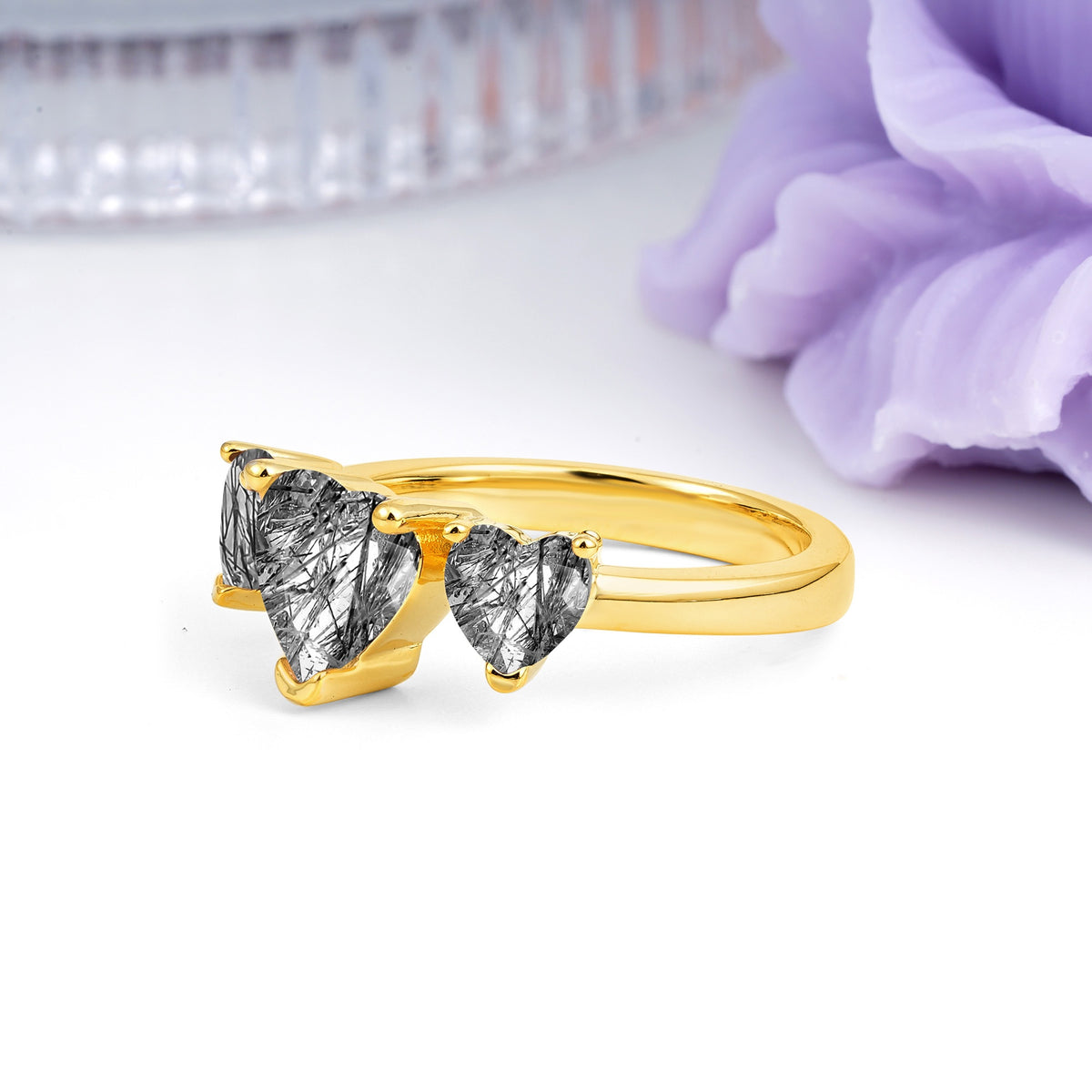 Unique 3 Prong Heart Cut Black Rutilated Quartz Three stones Wedding Ring - Additional view