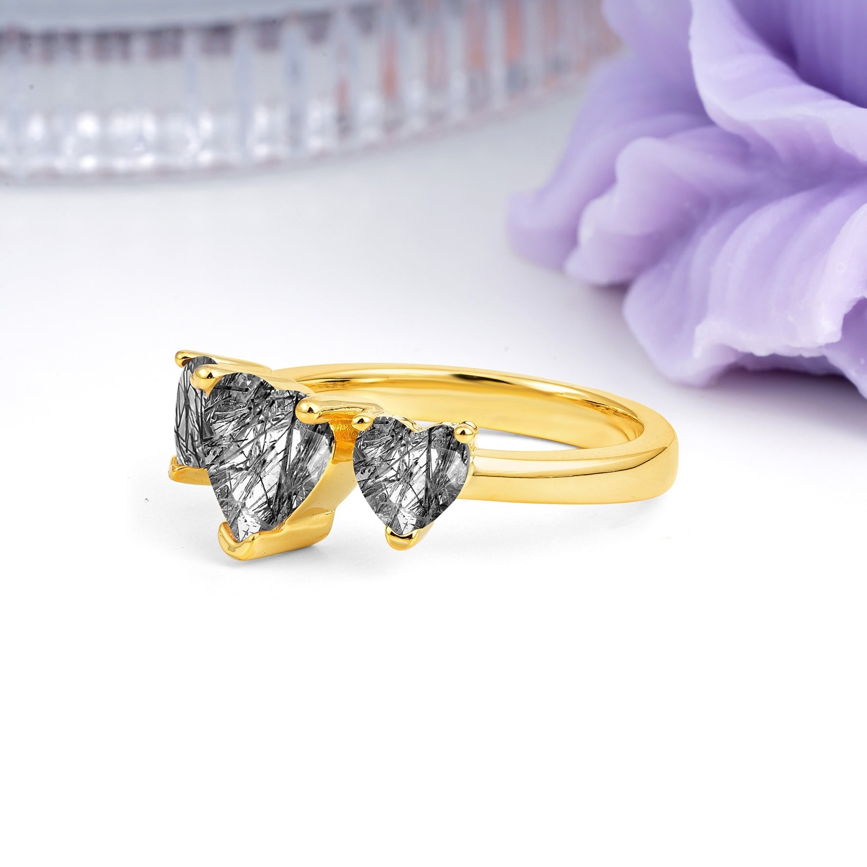 Unique 3 Prong Heart Cut Black Rutilated Quartz Three stones Wedding Ring - Additional view