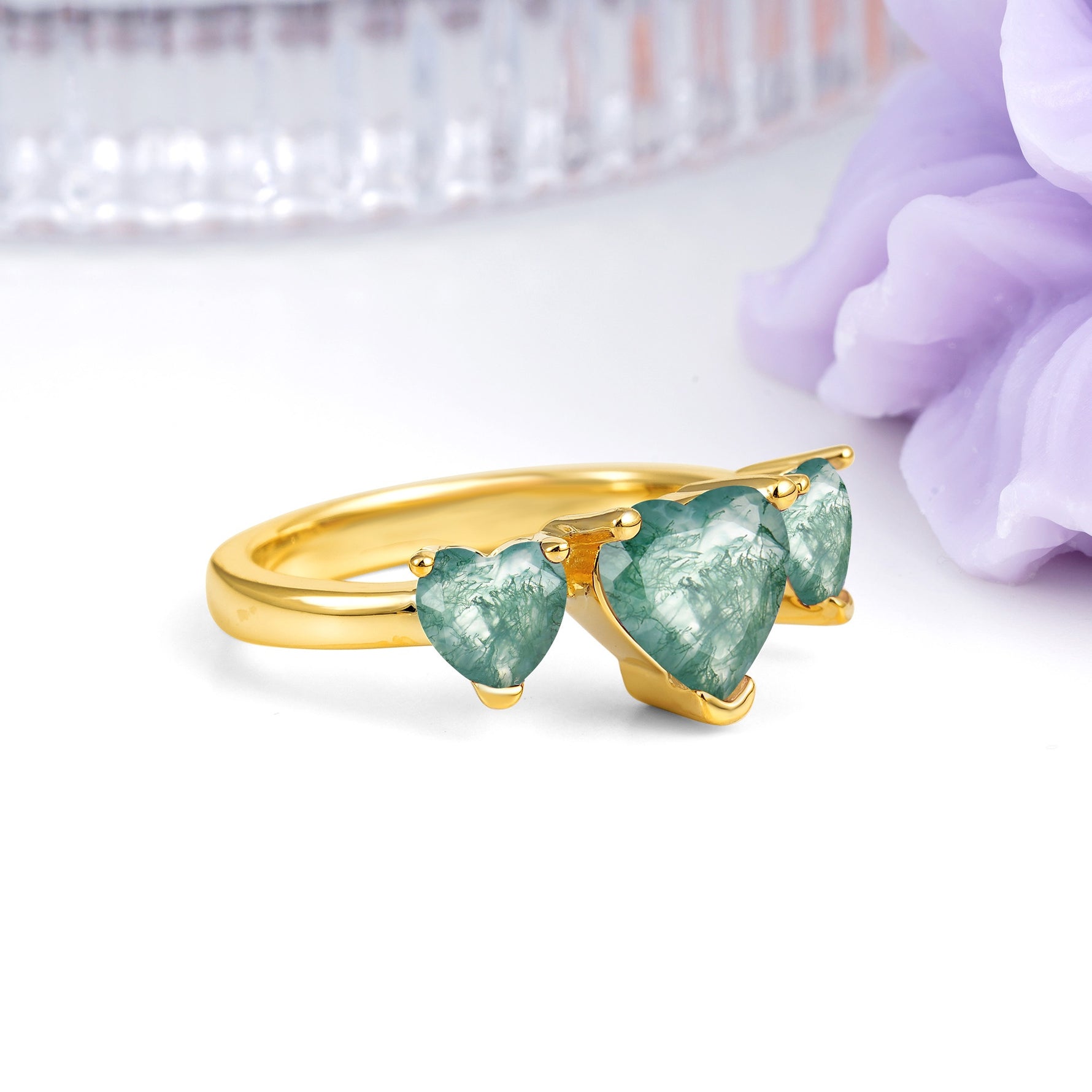 Unique 3 Prong Heart Cut Moss Agate Three stones Wedding Ring - Additional view