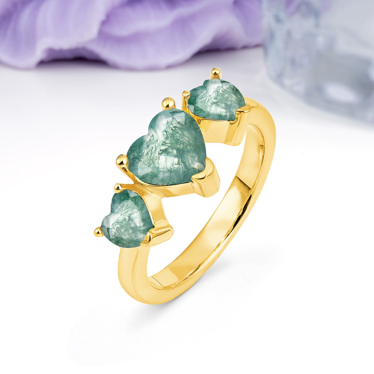 Unique 3 Prong Heart Cut Moss Agate Three stones Wedding Ring - Additional view