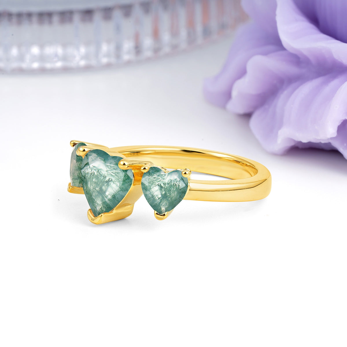 Unique 3 Prong Heart Cut Moss Agate Three stones Wedding Ring - Additional view