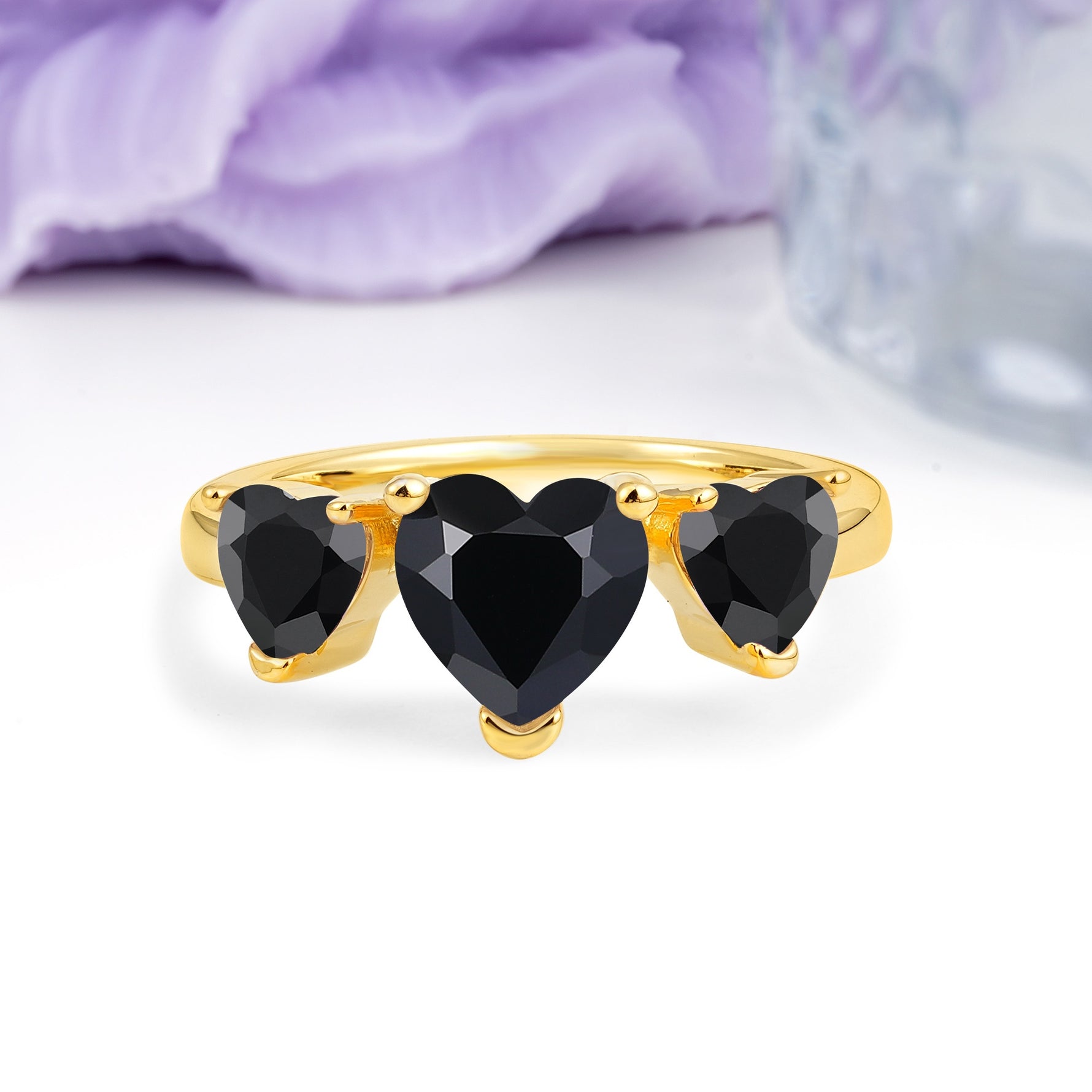 Unique 3 Prong Heart Cut Black Onyx Three stones Wedding Ring - Additional view