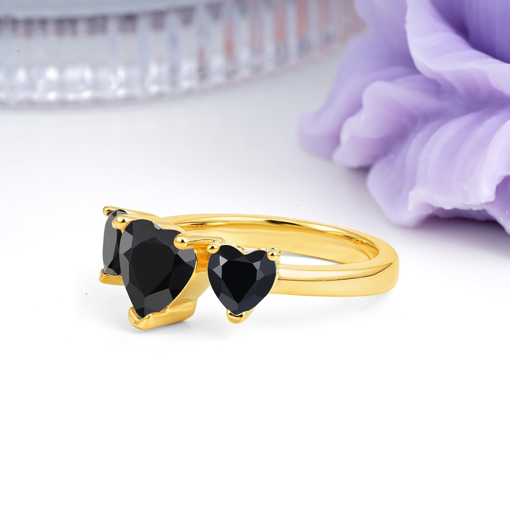 Unique 3 Prong Heart Cut Black Onyx Three stones Wedding Ring - Additional view
