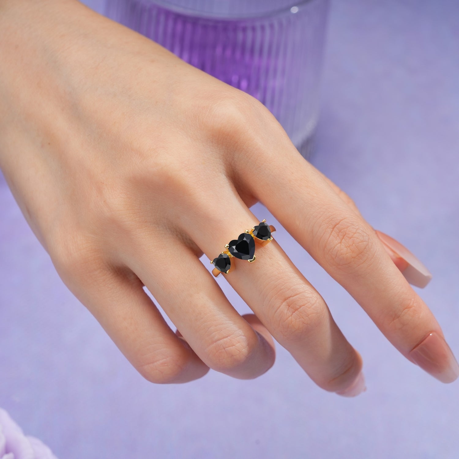 Unique 3 Prong Heart Cut Black Onyx Three stones Wedding Ring - Additional view
