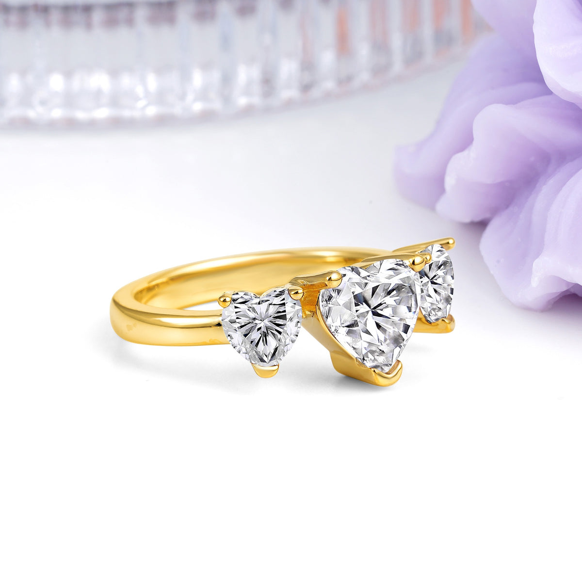 Unique 3 Prong Heart Cut Lab Diamond Three stones Wedding Ring - Additional view