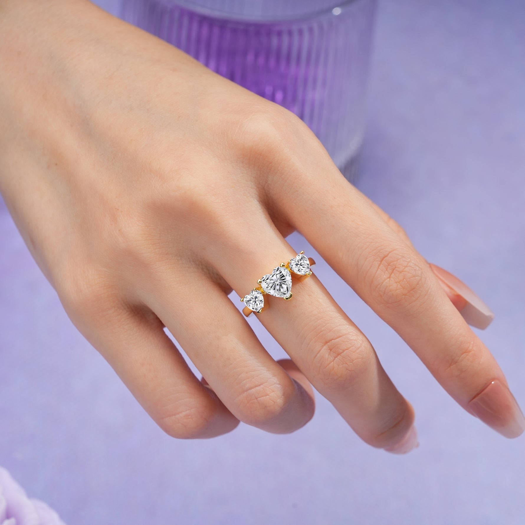 Unique 3 Prong Heart Cut Lab Diamond Three stones Wedding Ring - Additional view