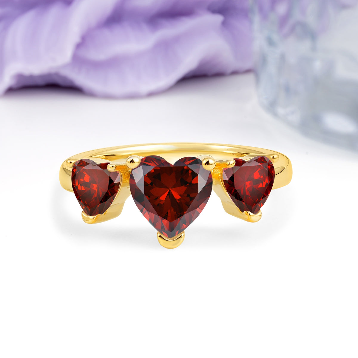 Unique 3 Prong Heart Cut Garnet Three stones Wedding Ring - Additional view