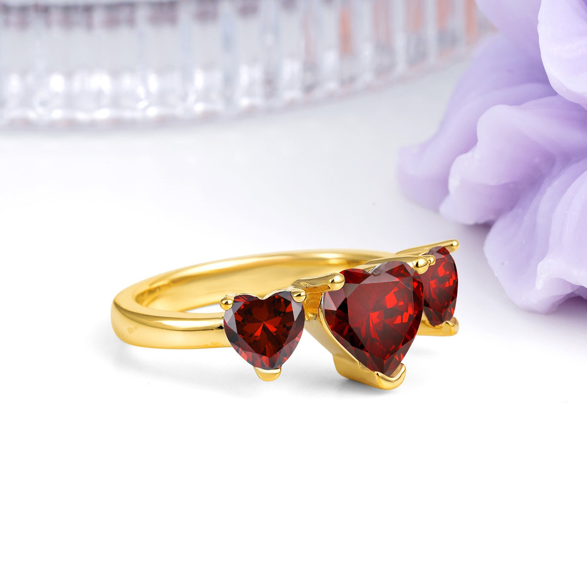 Unique 3 Prong Heart Cut Garnet Three stones Wedding Ring - Additional view