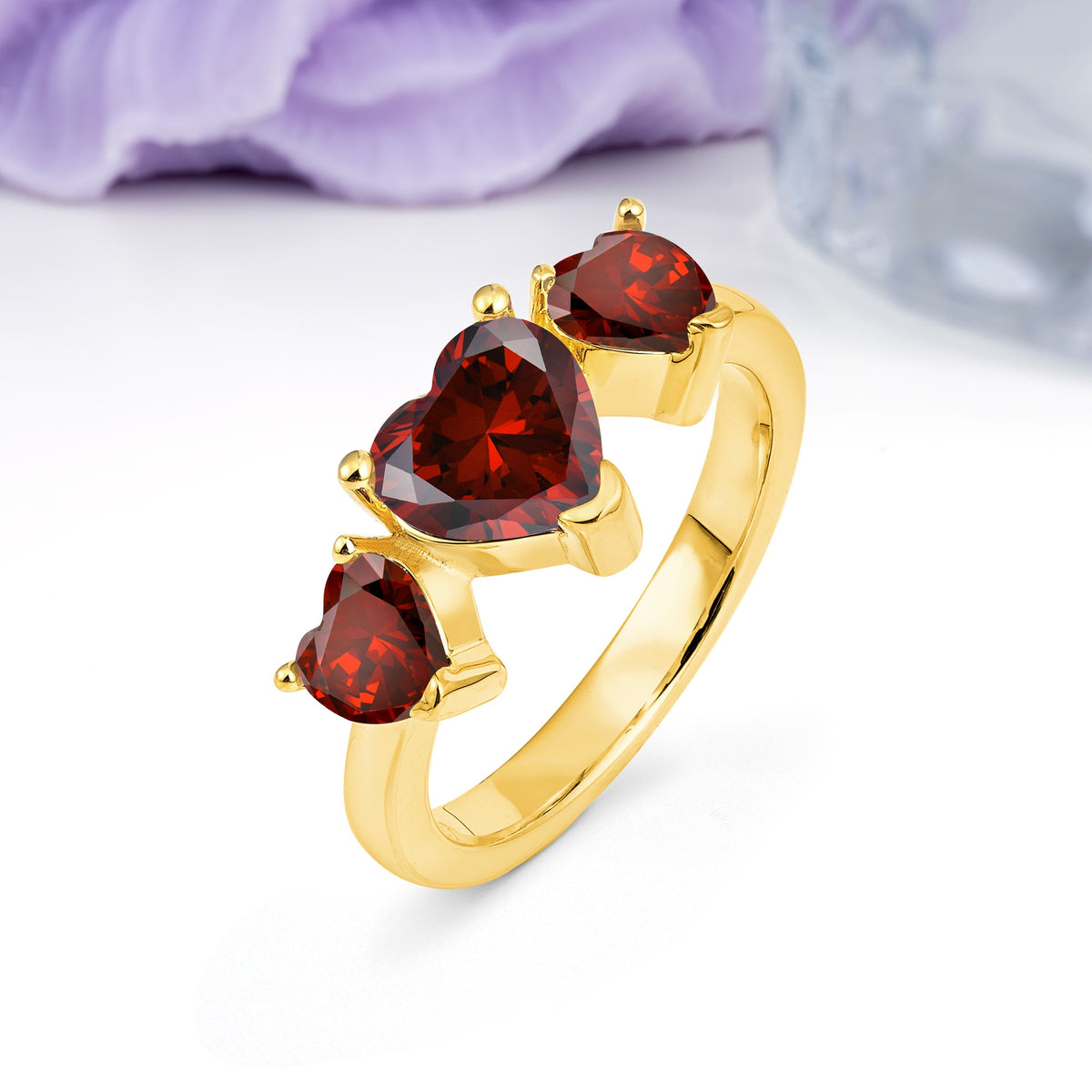 Unique 3 Prong Heart Cut Garnet Three stones Wedding Ring - Additional view