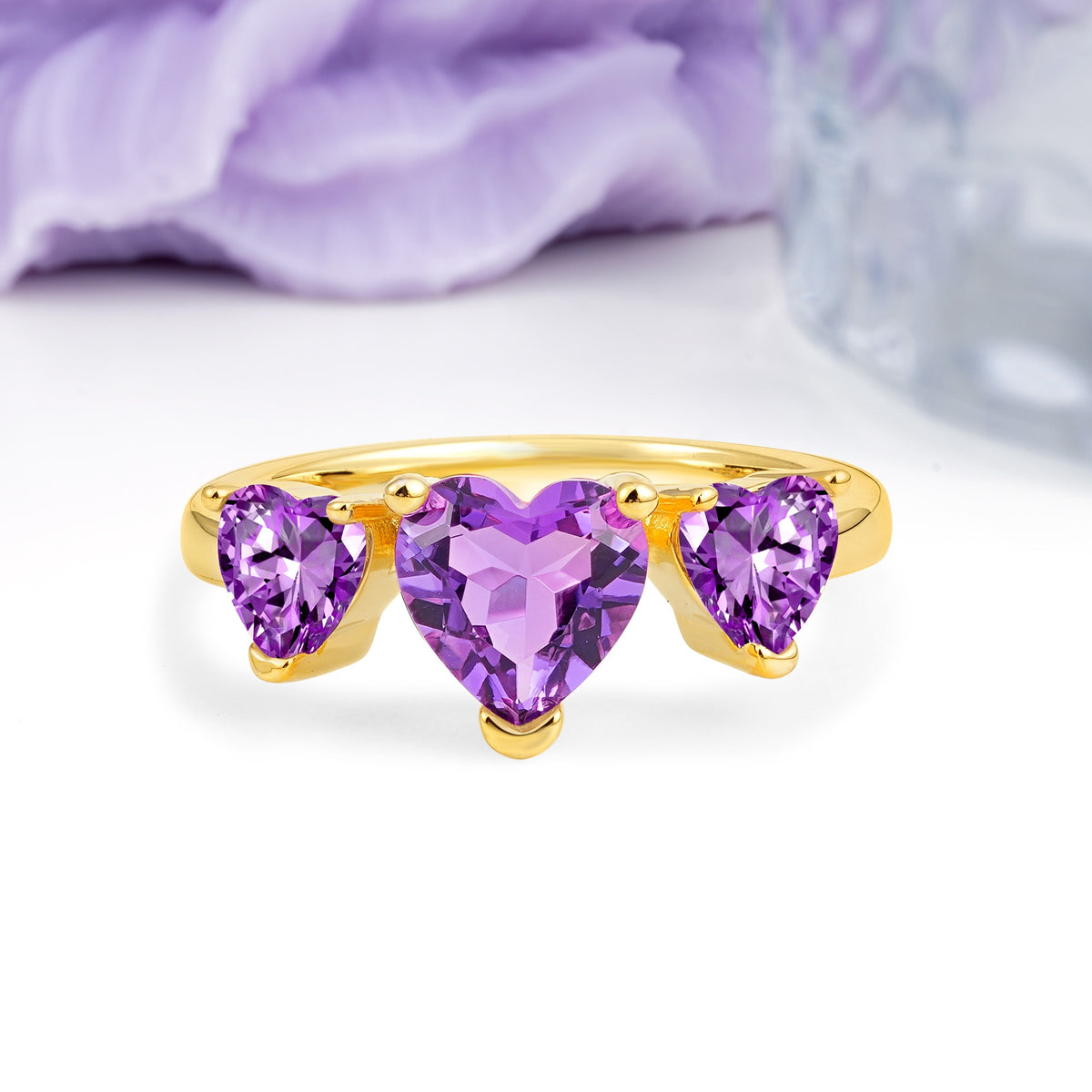 Unique 3 Prong Heart Cut Amethyst Three stones Wedding Ring - Additional view